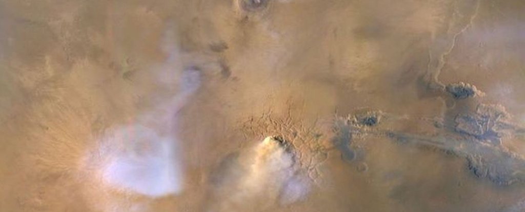 The cloud in the bottom-center is a Mars “dust tower”. 