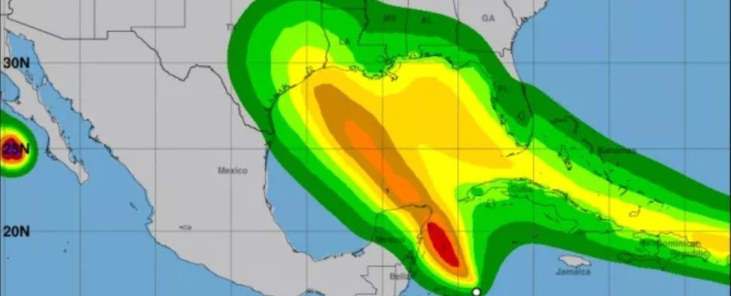 Map showing where at least tropical storm-force winds are expected in the coming days. Laura's winds are seen approaching from the east. 