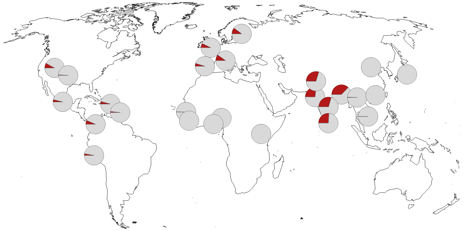 Distribution and prevalence (pie charts) of the Neanderthal genetic variants. (Zeberg et al, Nature 2020)