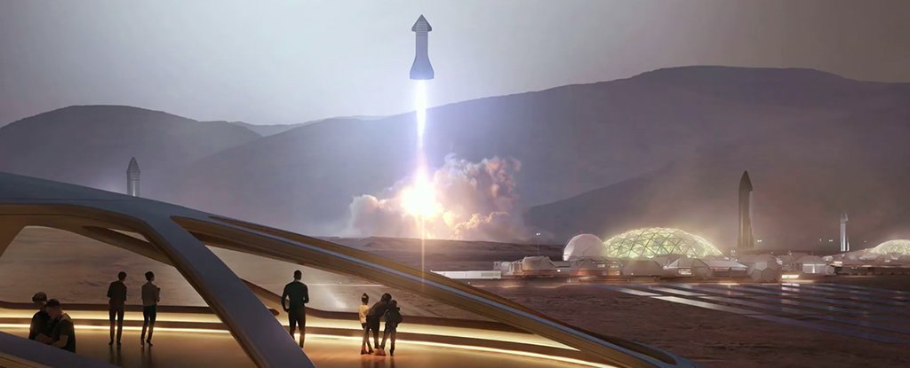 Illustration of SpaceX’s Starship rocket system lifting off from a Mars city. 