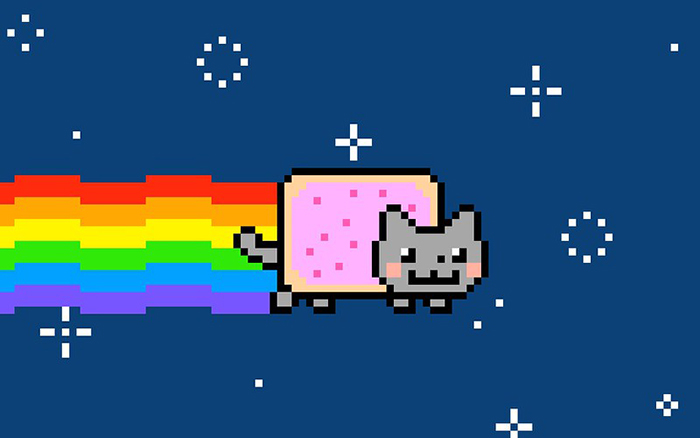 8 bit image of a pop-tart cat flying through space with a rainbow trail
