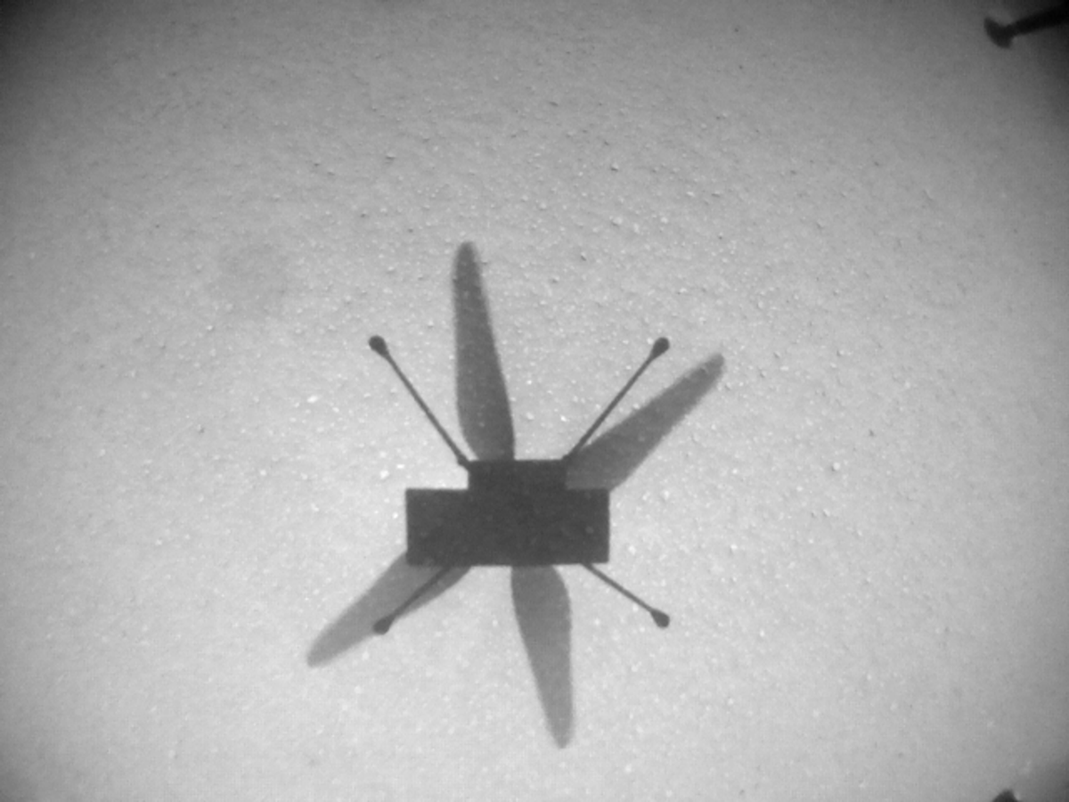 Ingenuity captured a photo of its shadow during its 7th flight on Mars. (NASA/JPL-Caltech)