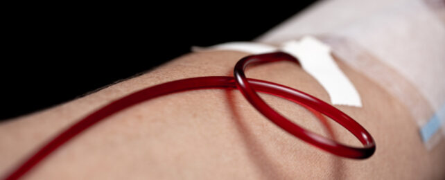 Close up of blood flowing through tube from blood donor's arm.