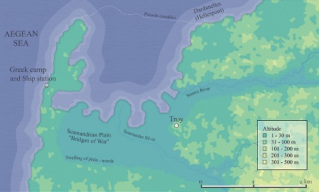 地图显示古希腊城市特洛伊和周围海岸的位置。 
