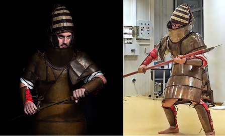 Pannello di due immagini che mostrano una persona che indossa un'armatura di bronzo che tiene una spada.