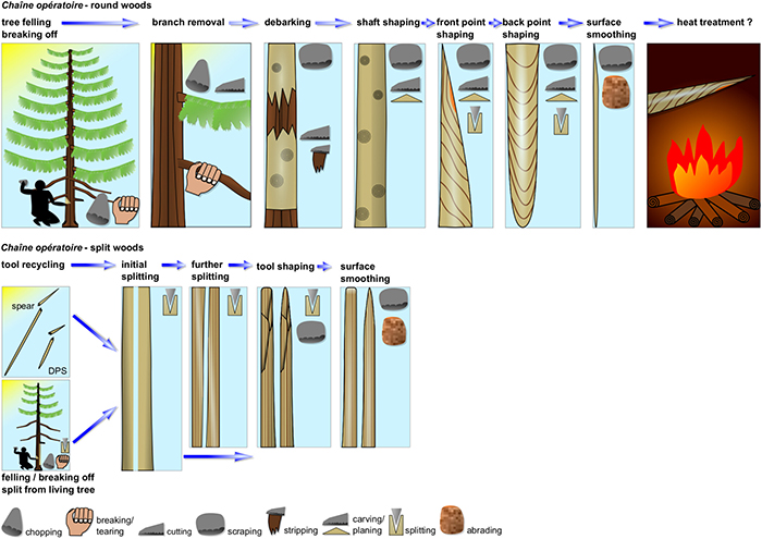 Иллюстрированные этапы техники обработки дерева плейстоцена.