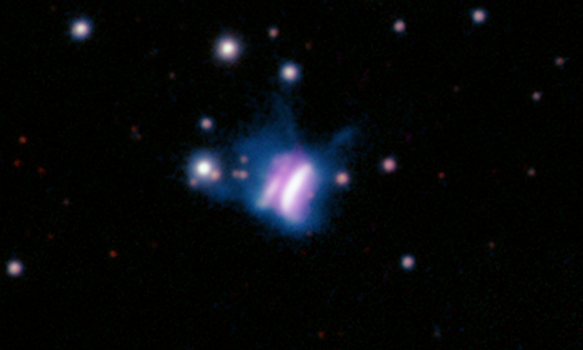 Magenta, butterfly shaped blobs in space