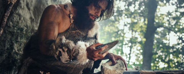 Human in furs holding stone tools with forest in background