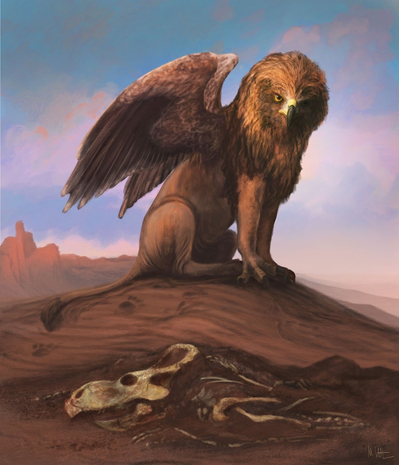 illustration of a griffin perched above a dinosaur skeleton