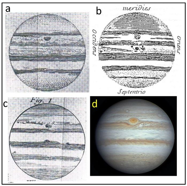 three historical sketches of jupiter with a photo from voyager