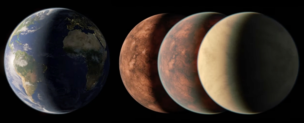 Three different views of an Earth sized planet next to Earth