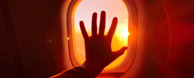 hand on plane window