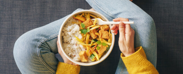 tofu and rice in a bowl