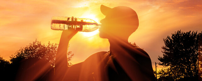 man drinking from water bottle with sun in the background