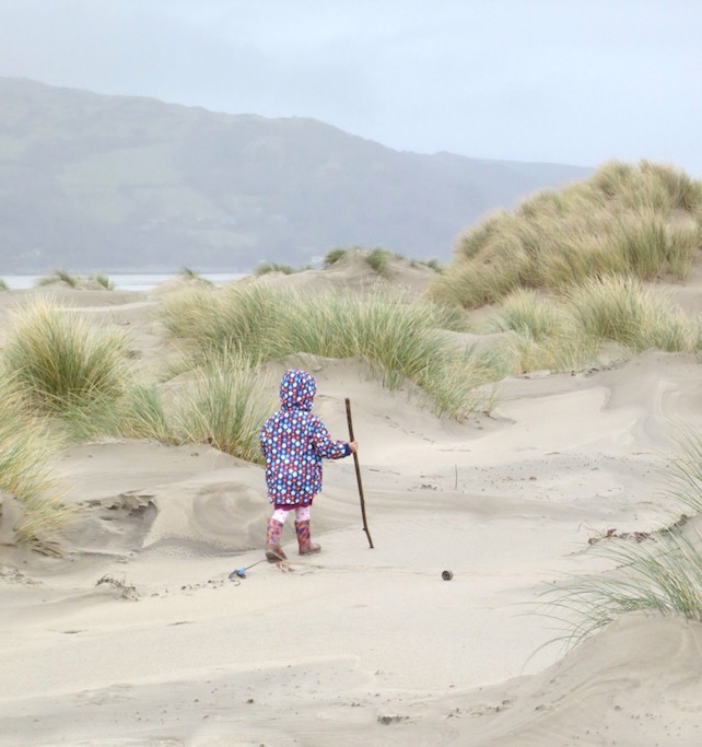 child exploring beach