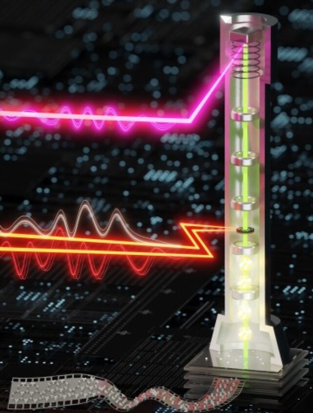 Illustration of a tall cylinder object with laser pulses