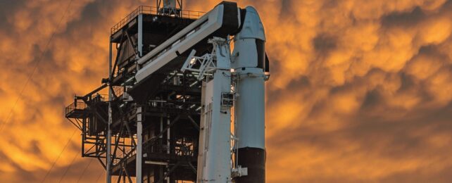 A rocket on a fiery sunset background