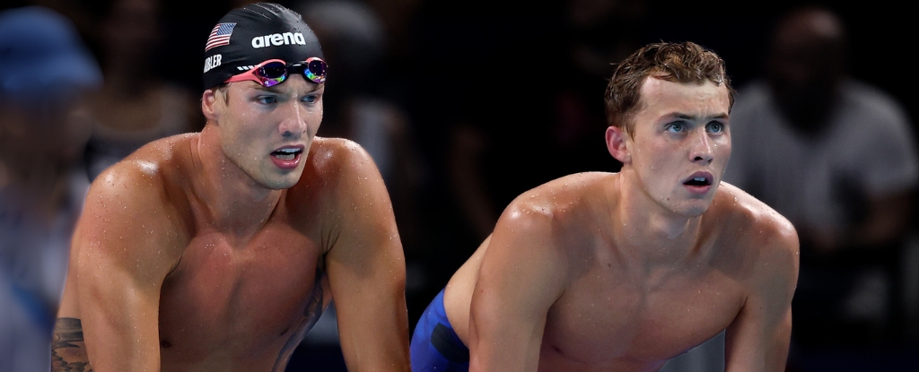 Two male swimmers gazing intently ahead