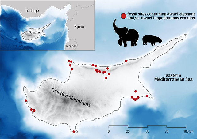 Map of cyprus showing distribution of dwarf elephant and hippo fossils