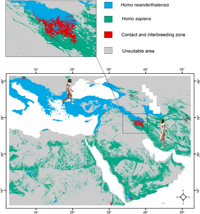 Map showing modelled distribution of ideal Neanderthal and modern human habitat