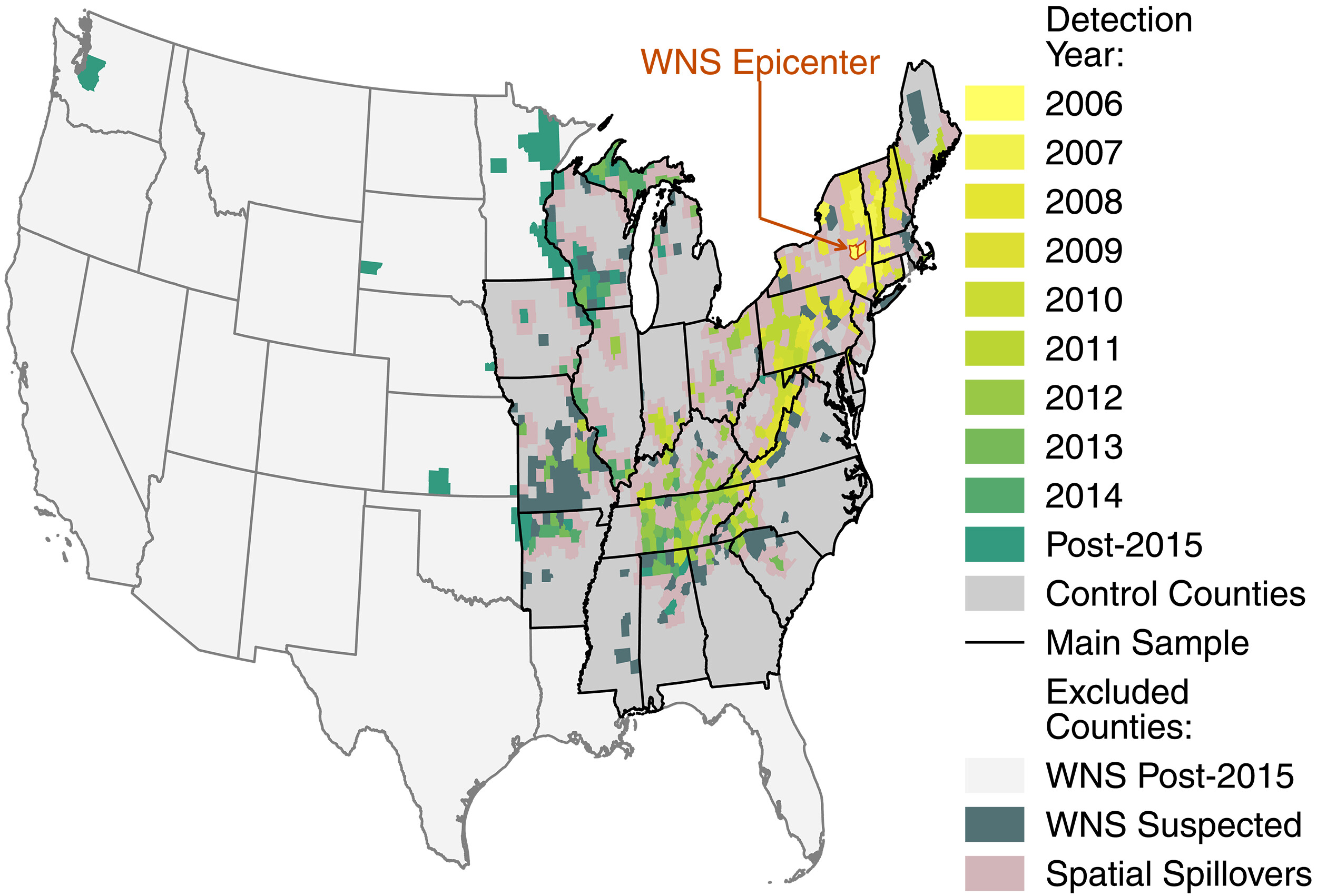 a map of the united states showing how white nose syndrome spread from its epicenter in new york since 2006