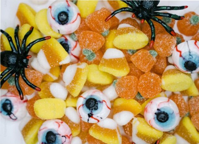 colorful candy including spiders and eyeballs