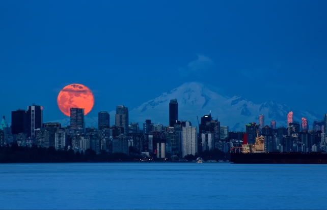 A bright red moon rising behind a city skyline 