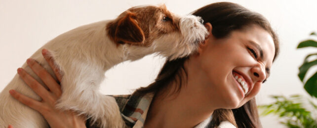 dog licking woman's face