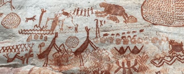 Rock wall covered with different animal and human ochre figures