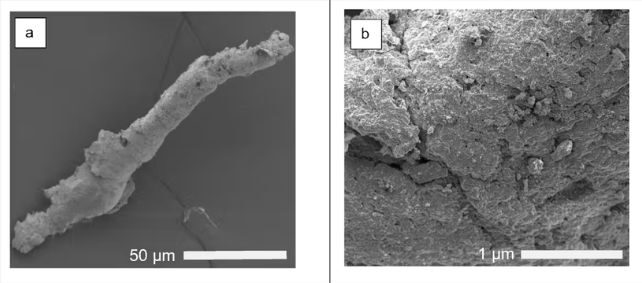 Microplastic fragments under microscope in black and white