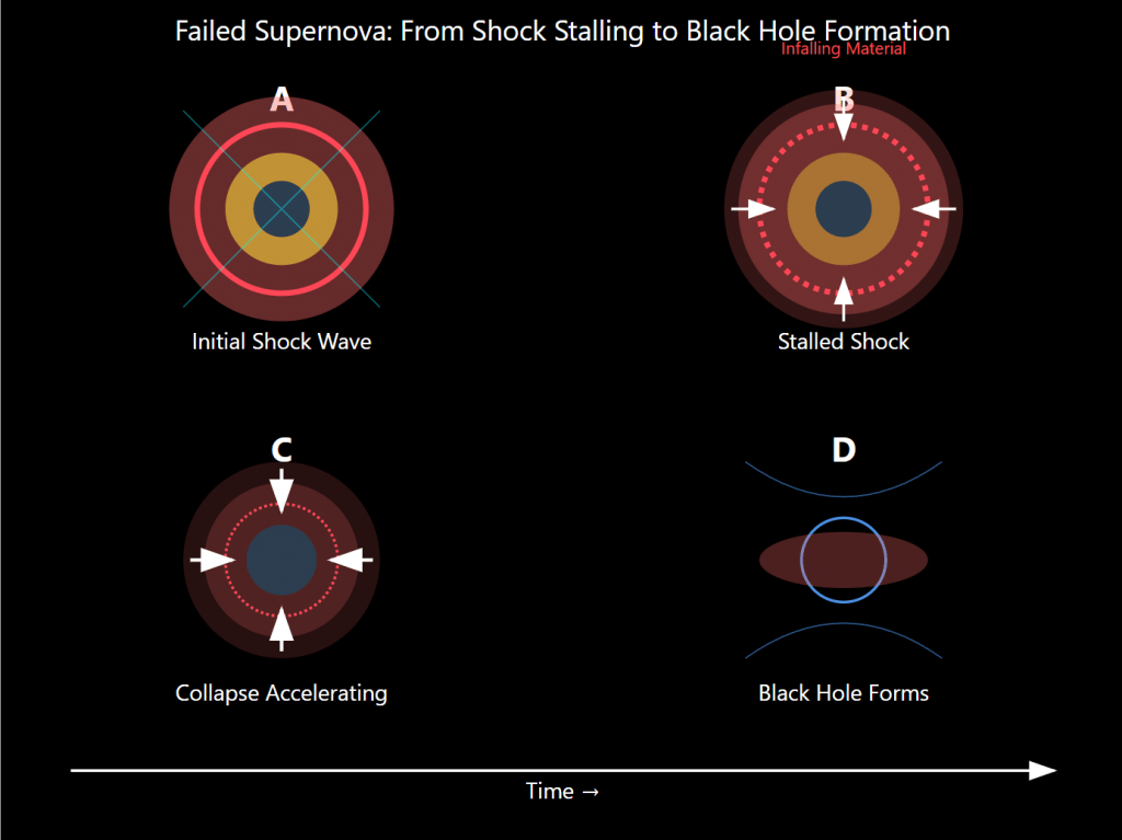 diagram shows how stalled shock accelerates collapse, turning a failed supernova into a black hole. 