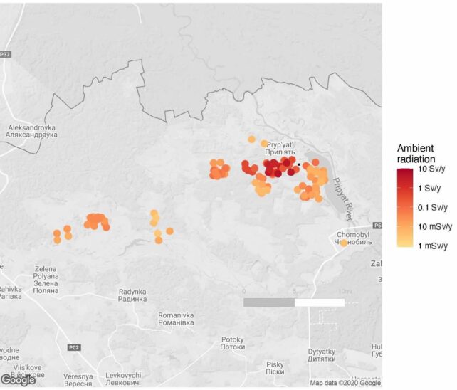 Map of Chernobyl exclusion zone, marked with colored dots