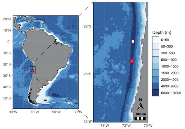 map showing where new amphipod species, Dulcibella camanchaca, was found