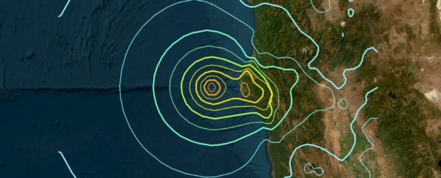 A map of land and ocean, showing shake lines of earthquake