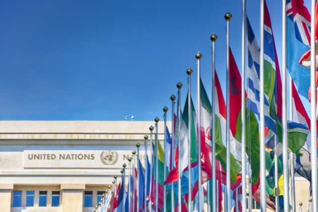 UN building with flags