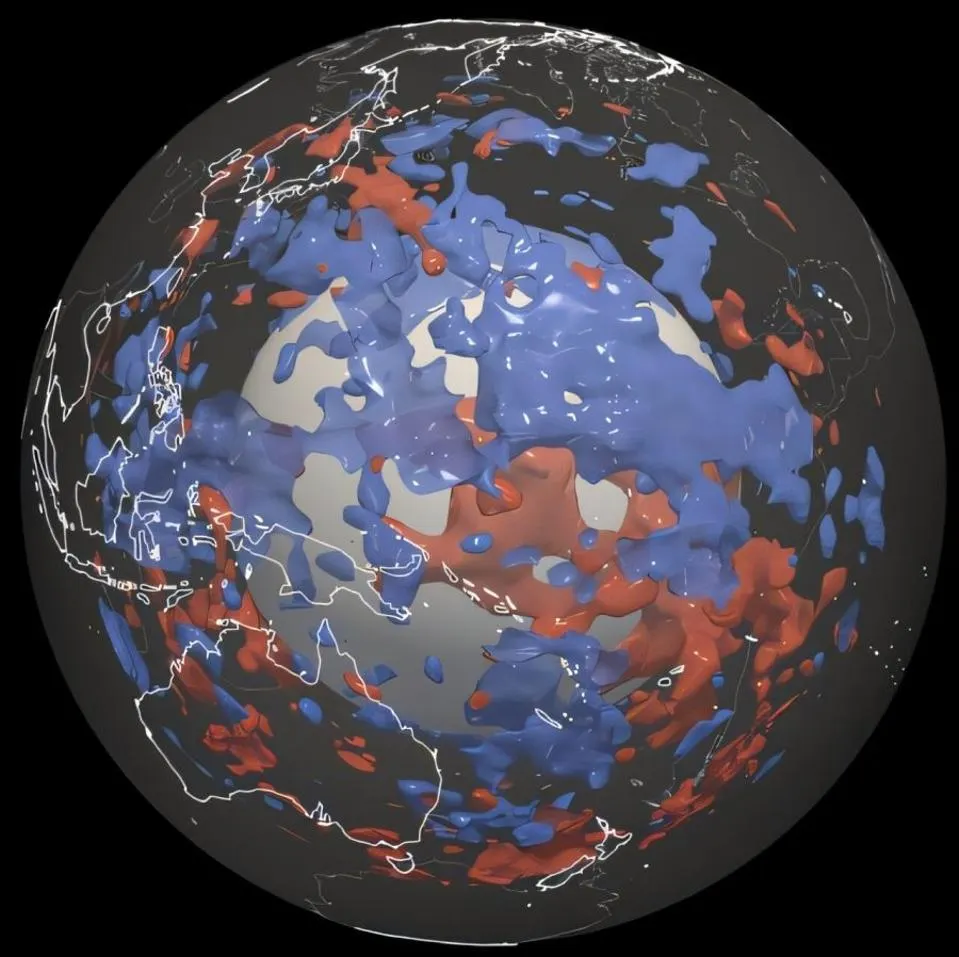 3d rendered image of the world, with the mantle shown as a semi-transparent layer around the core. within the mantle layer are 3d red and blue blobs.