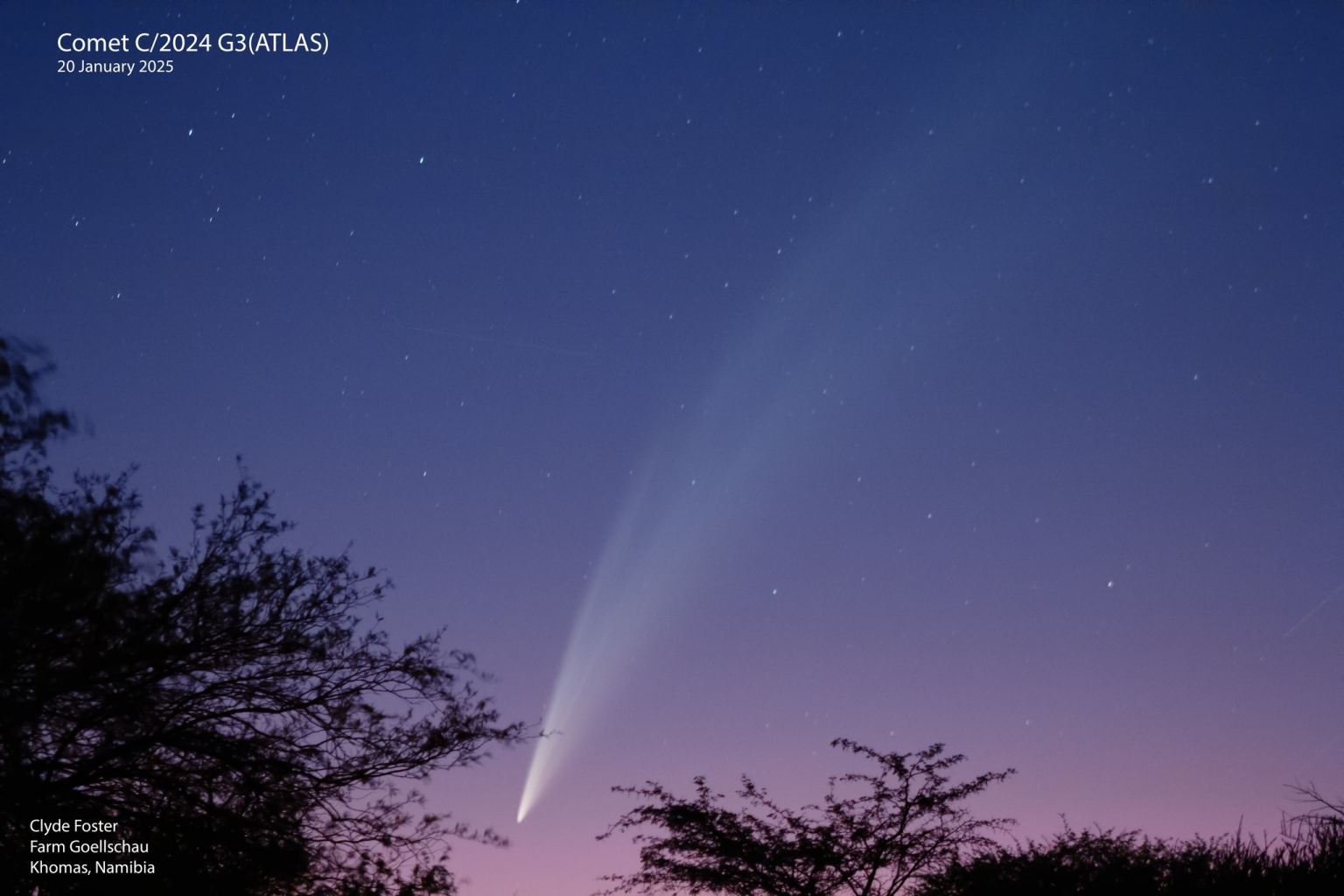 Comet G3 ATLAS streaking across purple sky