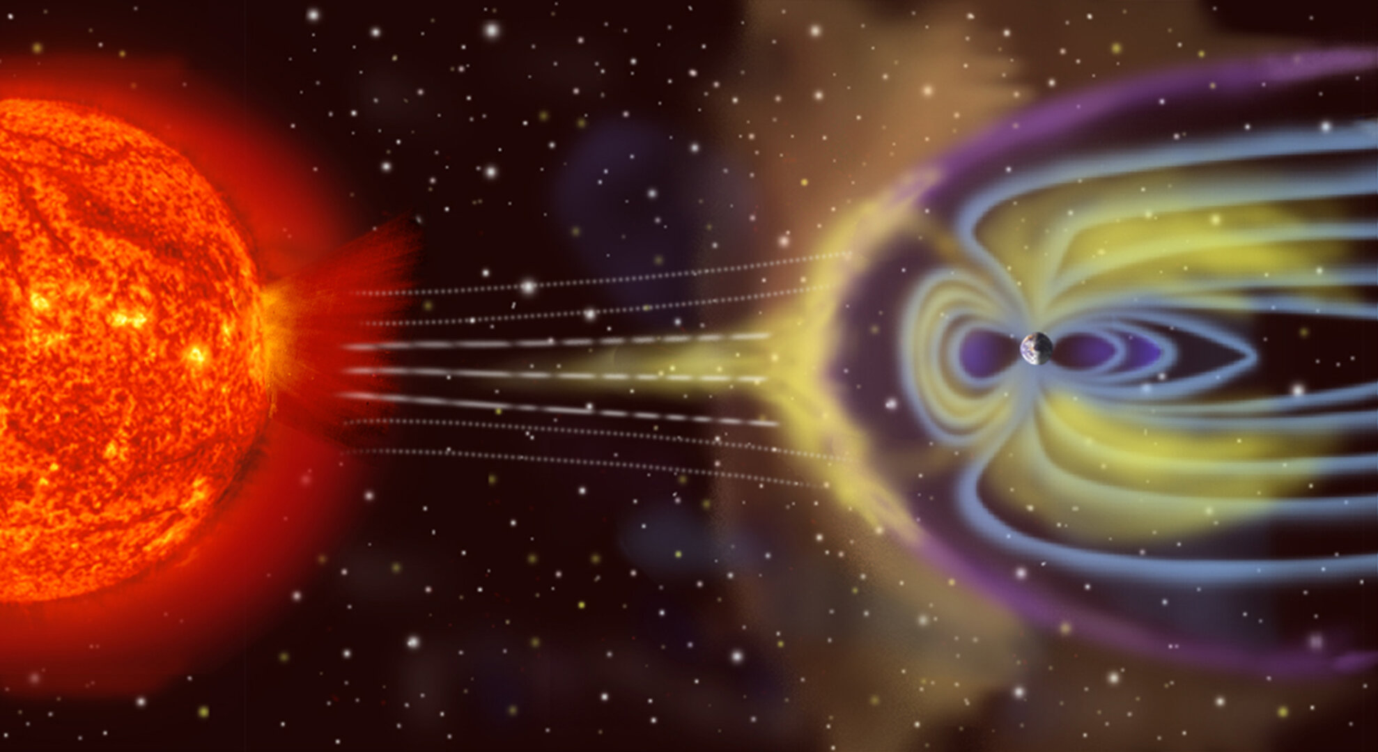 Illustration of sun's activity messing with Earth's magnetosphere