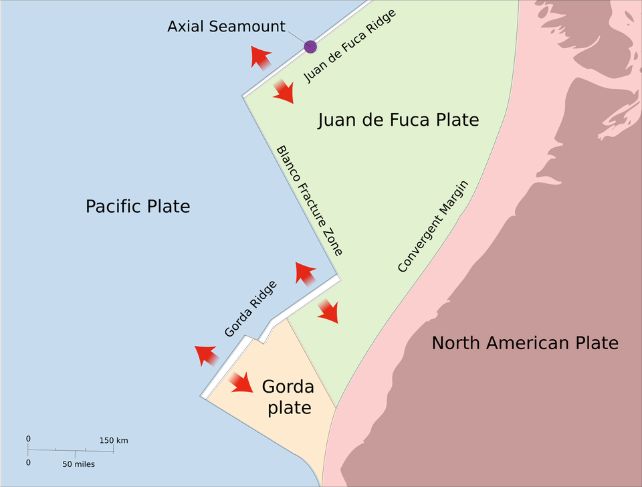 Map showing the location of the Axial seamount and surrounding tectonic plates