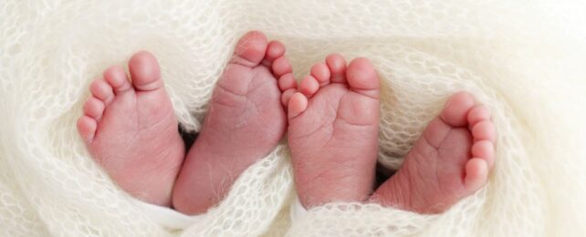 Twin set of pink baby feet swaddled in a white cotton blanket