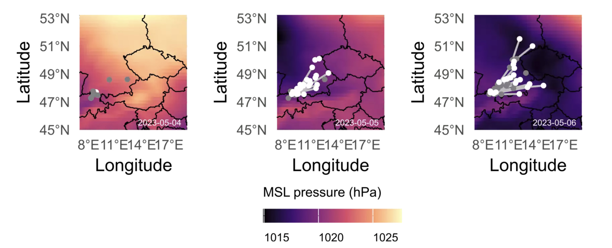 three maps, each one day after the other, show 1. bats in a single location, 2. the bats leaving on a night of low pressure and 3. they travel very far by the third day.