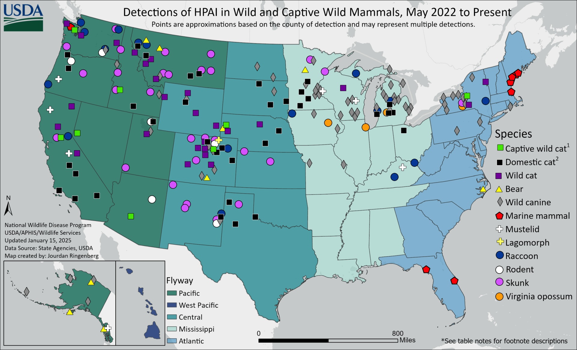 map of the united states showing locations where detections of HPAI in wild and captive mammals have been confirmed