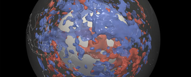 a 3d rendering of the earth's inner mantle shows red and blue blobs permeating a transparent layer.