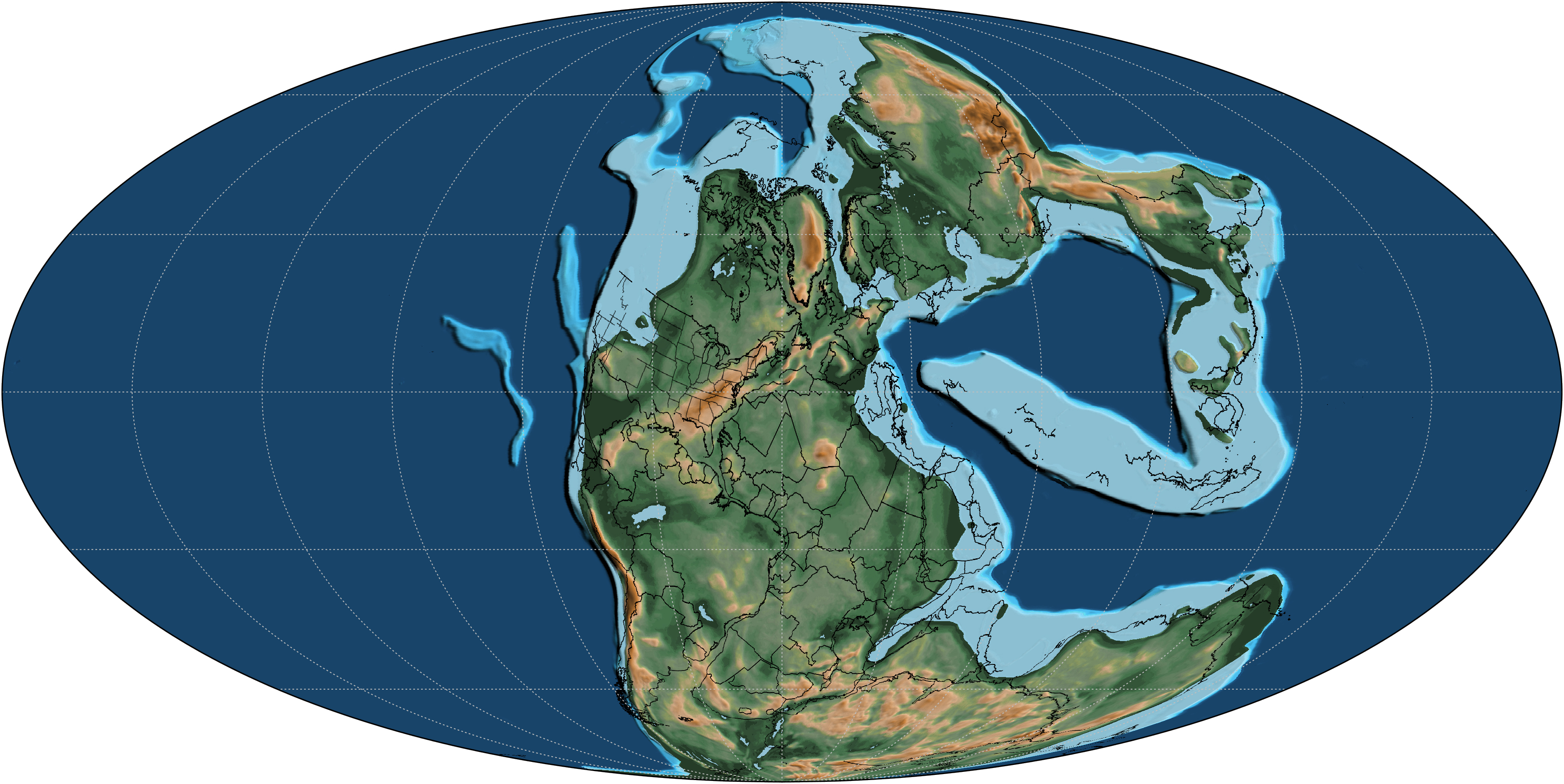 a blue oval shape represents earth at 250 million years ago, showing pangea supercontinent running from pole to pole 