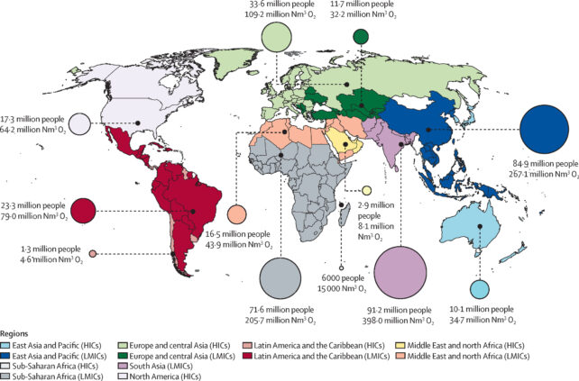 Map showing how many patients need oxygen around the world