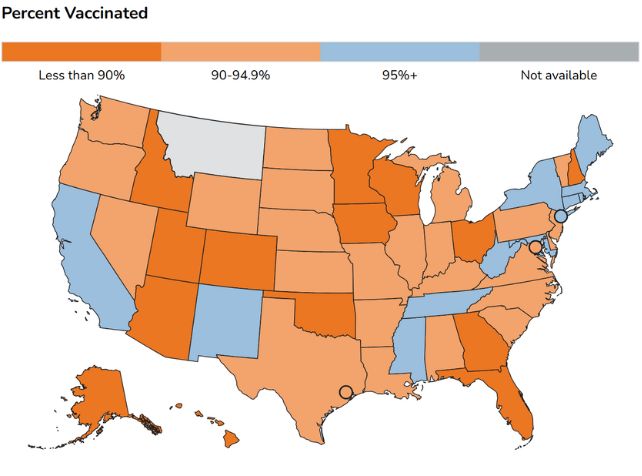 Map showing the percent of the population of each state vaccinated for measles