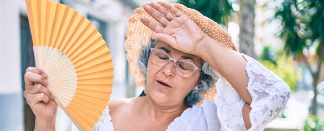 senior woman with fan on hot day