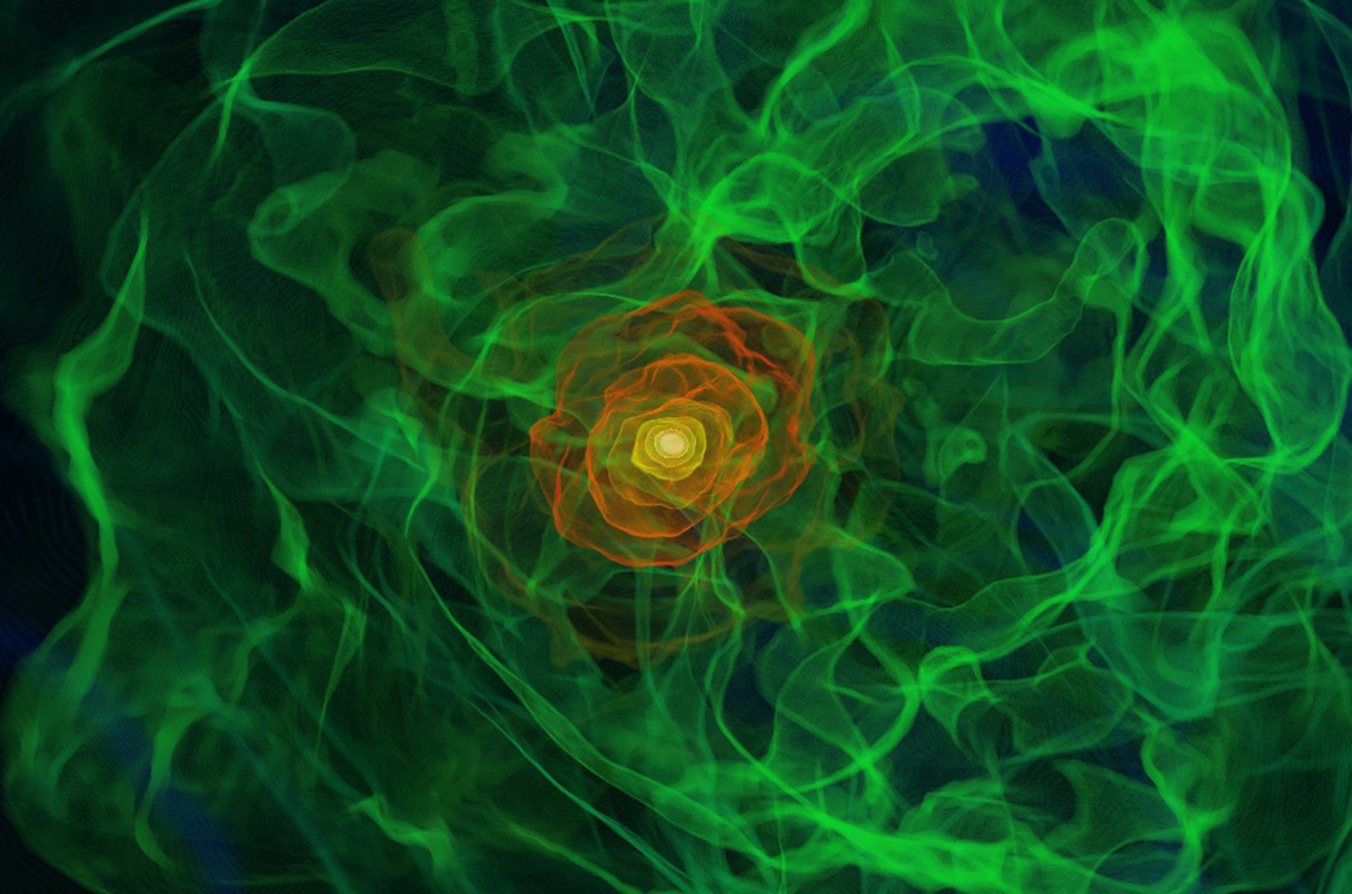 Swirling green gas surrounding bloom or fiery reds and yellow on a black background.