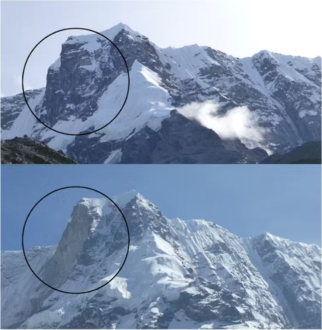 Two photos of a mountain showing the before and after of 2017 landslide