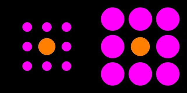 Nine purple dots arranged in a square around a larger orange central dot next to nine larger purple dots arranged in a square around a smaller orange circle